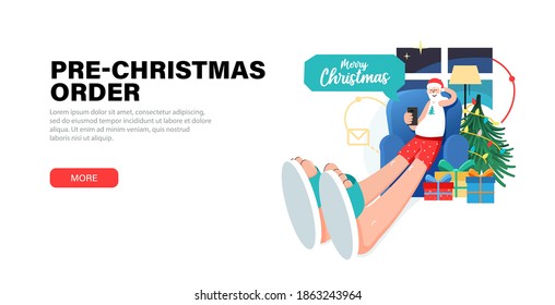 Happy Santa Claus relaxing at home christmas eve sits in a chair and accept pre-orders for gifts, and Answering on children's requests via smartphone. Banner with gift boxes, christmas tree and Santa