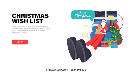 Happy Santa Claus relaxing at home christmas eve sits in a chair and looking through the wishlist for gifts or reads a letter from children. Banner with gift boxes, christmas tree and Santa