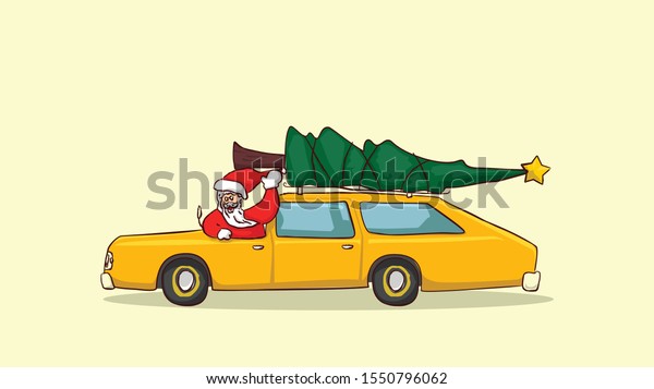 happy santa claus ride retro wagons family\
car carrying christmas tree on the roof smile and wave hands . Hand\
drawn style vector design\
illustrations