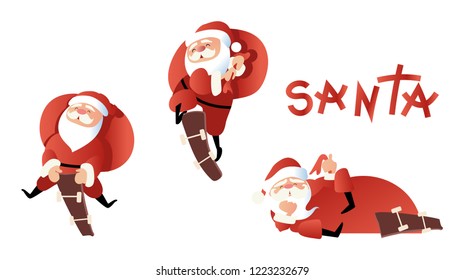Happy Santa Claus ride skateboard with bag sack full use design of copy space banner for holiday theme Christmas gifts and happy new year character Vector illustration cartoon style.