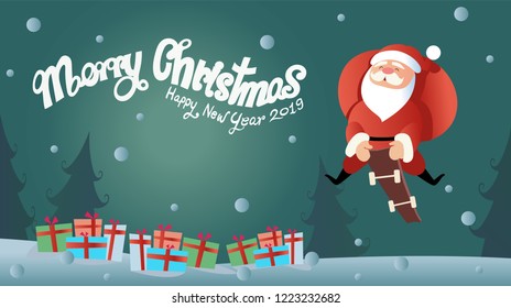 Happy Santa Claus ride skateboard with bag sack full Snowy landscape presents of copy space banner for holiday theme Christmas gifts and happy new year character Vector illustration cartoon style.