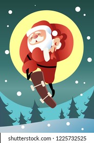 Happy Santa Claus ride skateboard with bag sack full Snowy landscape presents of copy space banner for holiday theme Christmas gifts and happy new year character Vector illustration cartoon style.