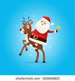 Happy Santa Claus riding a Christmas reindeer. He has a bell in his hand. Vector illustration