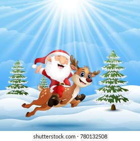 Happy santa claus riding a reindeer on snow downhill