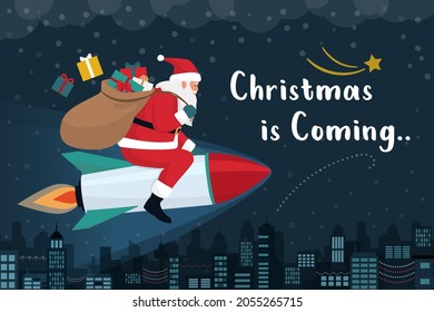 Happy Santa Claus riding a rocket on Christmas eve's night and carrying gifts in his sack