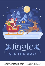 Happy Santa Claus riding in a sleigh drawn by reindeer across a snowy night winter village landscape. Christmas flat illustration card