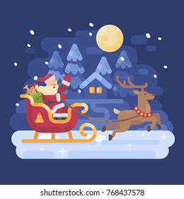 Happy Santa Claus riding in a sleigh drawn by reindeer across a snowy night winter village landscape. Christmas flat illustration