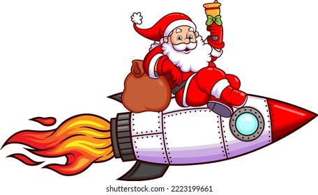 The happy santa claus is riding the turbo rocket and ringing the christmas bell of illustration