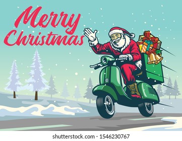 happy santa claus riding vintage scooter motorcycle of christmas winter