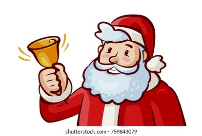 Happy Santa Claus ringing bell. Jingle bells. Christmas, xmas, new year concept. Vector cartoon illustration