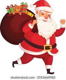 Happy santa claus is running fast, bringing gifts to children all over the world, carrying a heavy bag full of christmas presents and a teddy bear