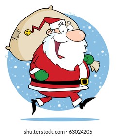 Happy Santa Claus Runs With Bag