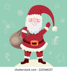 Happy Santa Claus with sack of gifts.