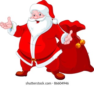 Happy Santa Claus with sack of gifts