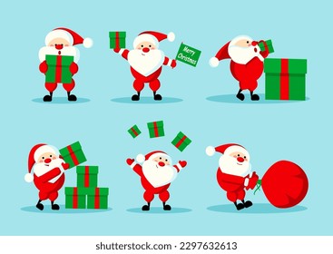 Happy Santa claus set. Collection of stickers with fictional character. Symbol of New Year and Christmas. Design for greeting card. Cartoon flat vector illustrations isolated on blue background