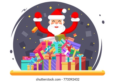 Happy Santa Claus Shopping Pile Goods Christmas Gifts Boxes Flat Design Character Vector Illustration