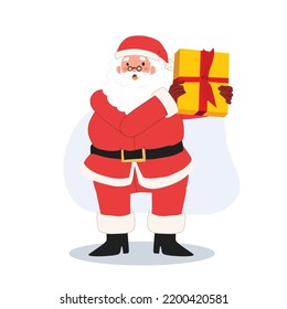 Happy Santa claus is showing gift box. Vector illustration.