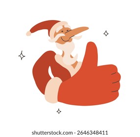 Feliz Papai Noel mostrando o gesto do dedo polegar para cima. Frio, vibração boa, conceito bem feito. Feliz Natal adesivo, etiqueta, logotipo ou ícone. Caráter sorridente do ano novo. Ilustração de vetor isolado de Santa mão