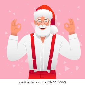 Happy Santa Claus shows the OK sign with both hands. New Year's greeting banner. Vector illustration on a pink abstract background.