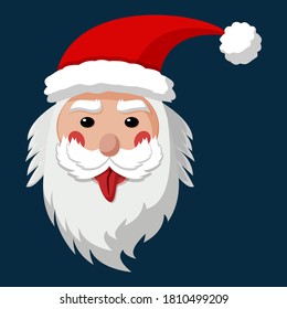 Happy Santa Claus shows tongue like Einstein. Merry Christmas and Happy New Year 2021! Christmas cute flat character.  Holiday greeting card. Isolated vector illustration.