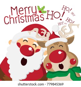 Happy Santa Claus Singing with Cute Reindeer,cartoon characters for Christmas Greeting,Happy New Year Concept,design for Card and poster,Vector illustration.