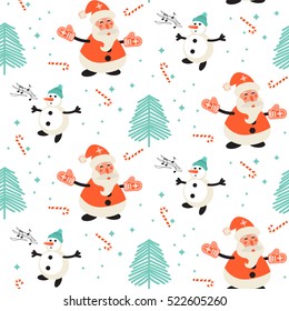 Happy Santa Claus and singing snowman pattern. Christmas seamless vector pattern.