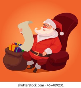 happy Santa Claus sitting at home, big sack and reading Christmas letter or wish list, character, vector illustration