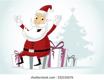 Happy Santa Claus sitting on Christmas presents/gift vector cartoon illustration
