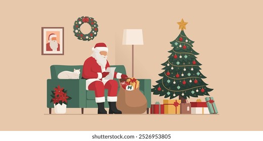 Happy Santa Claus sitting on the couch at home and putting Christmas gifts in his sack