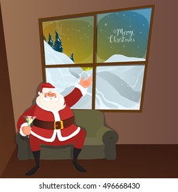 Happy Santa Claus sitting on sofa and wishing on occasion of Merry Christmas.