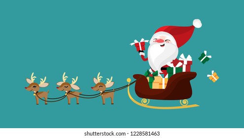 Happy Santa Claus sleigh by a group of cute reindeer with a lot of gift box. Christmas holidays season cartoon character design. Vector illustration.