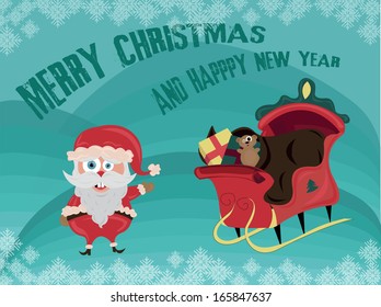 Happy Santa Claus with sleigh and gifts, Christmas card, vector illustration