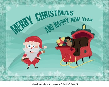 Happy Santa Claus with sleigh and gifts, Christmas card, vector illustration