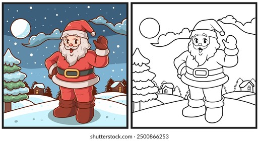 Happy santa claus with snow background coloring page