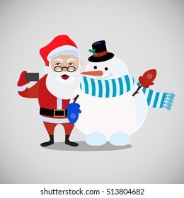Happy Santa Claus and snowman making selfie. Vector illustration.