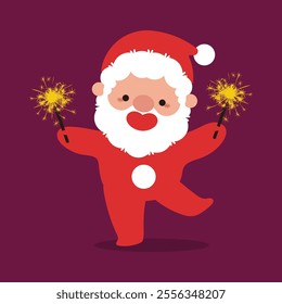 Happy Santa Claus with sparklers vector cartoon character.