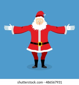 Happy Santa Claus spread his arms in an embrace. Jolly Christmas character. Lovely kind grandfather with beard in red suit. Illustration for new year
