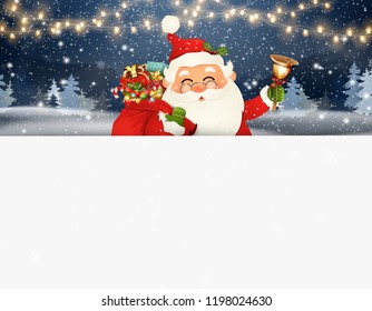 Happy Santa Claus standing behind a blank sign. Cartoon Santa Claus character with gift bag full of gift boxes, jingle bell and white copy space. Holiday winter landscape with firs, light, snow