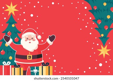 Happy Santa claus standing with gift boxes and christmas tree. Cartoon character. Vector illustration