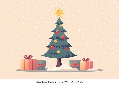Happy Santa claus standing with gift boxes and christmas tree. Cartoon character. Vector illustration