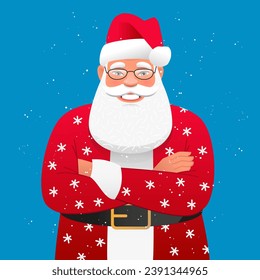 Happy Santa Claus is standing with his arms crossed. An old gray-haired man in a Santa suit. New Year greeting card. Vector illustration on a blue background.