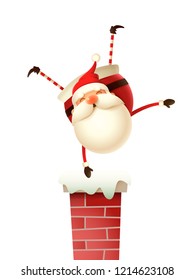 Happy Santa Claus standing on his hand on the chimney and wave with other hand - isolated on white background