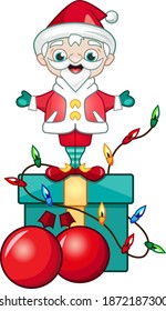 Happy Santa Claus standing on a Christmas gift surrounded by ornaments. Vector Illustration.