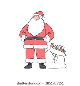 Happy Santa Claus standing with white background, hand-drawn line art style vector illustration.