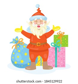 Happy Santa Claus stands with a large bag and colorful boxes of gifts. In cartoon style. Isolated on white background. Vector flat illustration.
