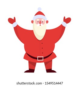 Happy Santa Claus in traditional red costume standing and greeting everyone. Cute holiday season cartoon illustration. Christmas and New Year celebration.