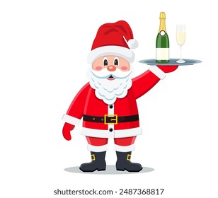 happy Santa Claus waiter hold a tray with a bottle of champagne. Merry christmas holiday. New year and xmas celebration Vector illustration in a flat style .