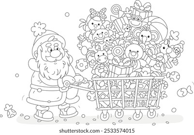 Feliz Santa Claus caminando con un Carrito de compras lleno de regalos divertidos, juguetes y dulces para niños pequeños, ilustración de dibujos animados de Vector de contorno blanco y negro para un libro para colorear