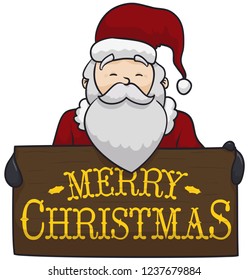 Happy Santa Claus wearing traditional clothes, holding a wooden sign with golden letters for Christmas event.