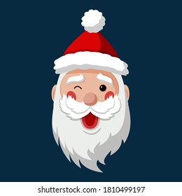 Happy Santa Claus wink. Merry Christmas and Happy New Year 2021! Christmas cute flat character.  Holiday greeting card. Isolated vector illustration.
